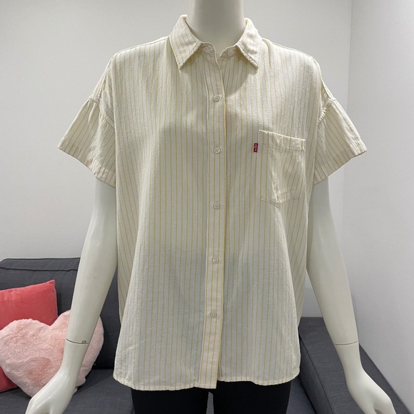 LEVI'S Short Sleeve Shirt Size Medium Yellow Stripes Linen-Blend Button-Down - Picture 1 of 15